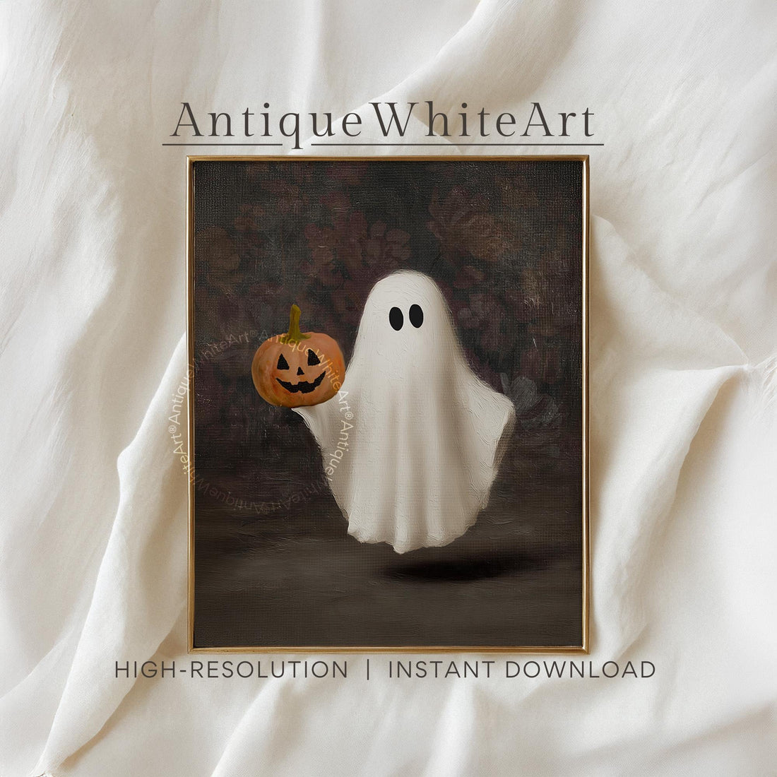 Cute Ghost Holding Pumpkin Painting Halloween Wall Art Spooky Prints Decor Downloadable A491 Print