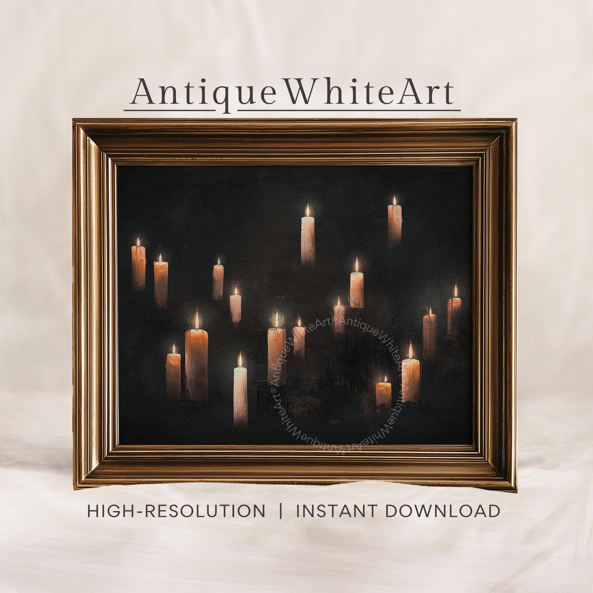 Halloween Magical Wall Art Black Print Floating Candles Rustic Oil Painting Downloadable Dark Fall Witchy A507