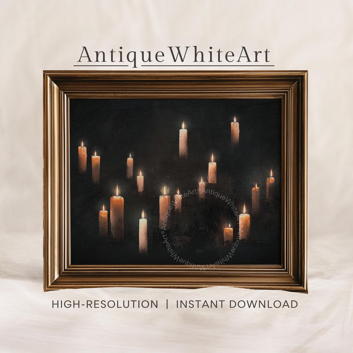 Halloween Magical Wall Art Black Print Floating Candles Rustic Oil Painting Downloadable Dark Fall Witchy A507