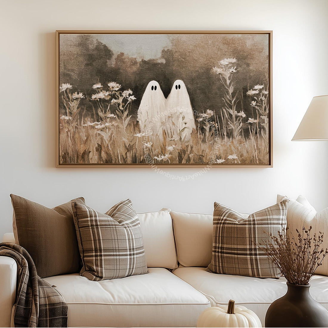 Ghosts in a Wildflower Field Neutral Halloween Wall Art Vintage Style Print Spooky Fall Painting Moody Prints A505