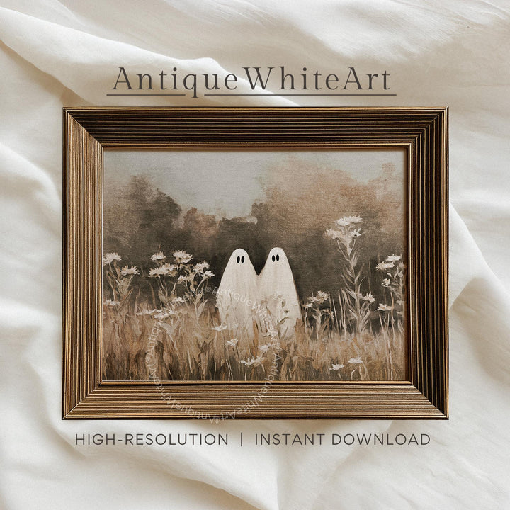 Ghosts in a Wildflower Field Neutral Halloween Wall Art Vintage Style Print Spooky Fall Painting Moody Prints A505