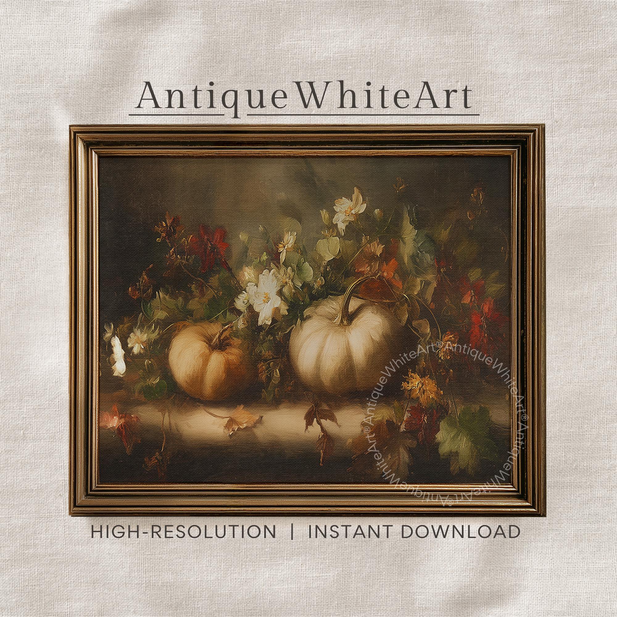 Pumpkin Wall Art Moody Fall Print Autumn Floral Painting Dark Rustic Seasonal Decor A501