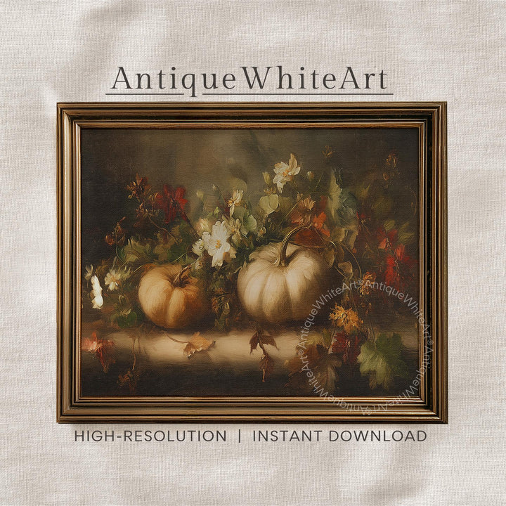 Pumpkin Wall Art Moody Fall Print Autumn Floral Painting Dark Rustic Seasonal Decor A501