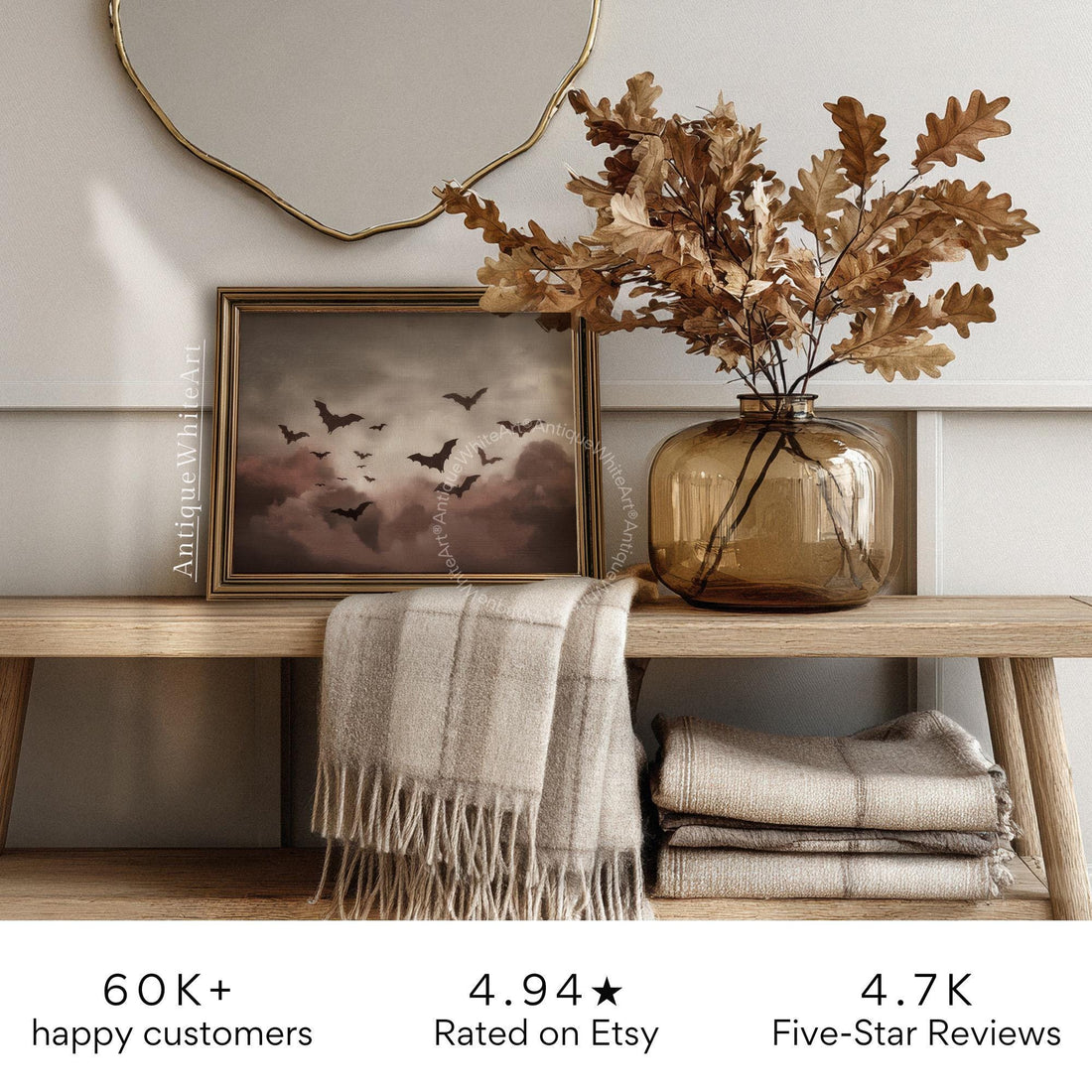 Bat Wall Art Burgundy Clouds Eerie Painting Spooky Vintage Style Halloween Prints A498 Print