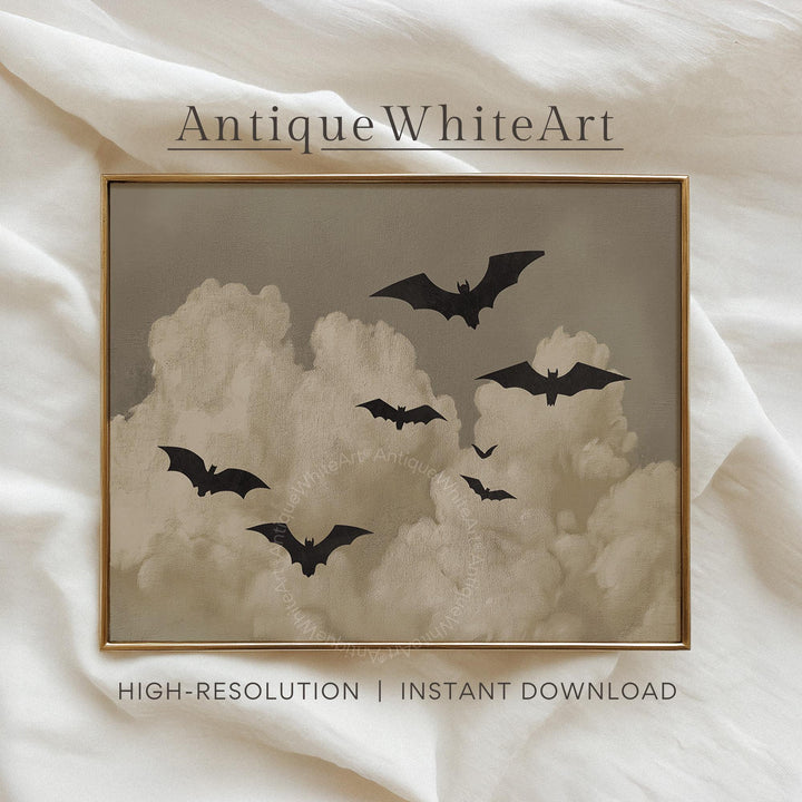Vintage Style Halloween Wall Art Neutral Fall Bat Prints Clouds Spooky Home Decor A497 Print