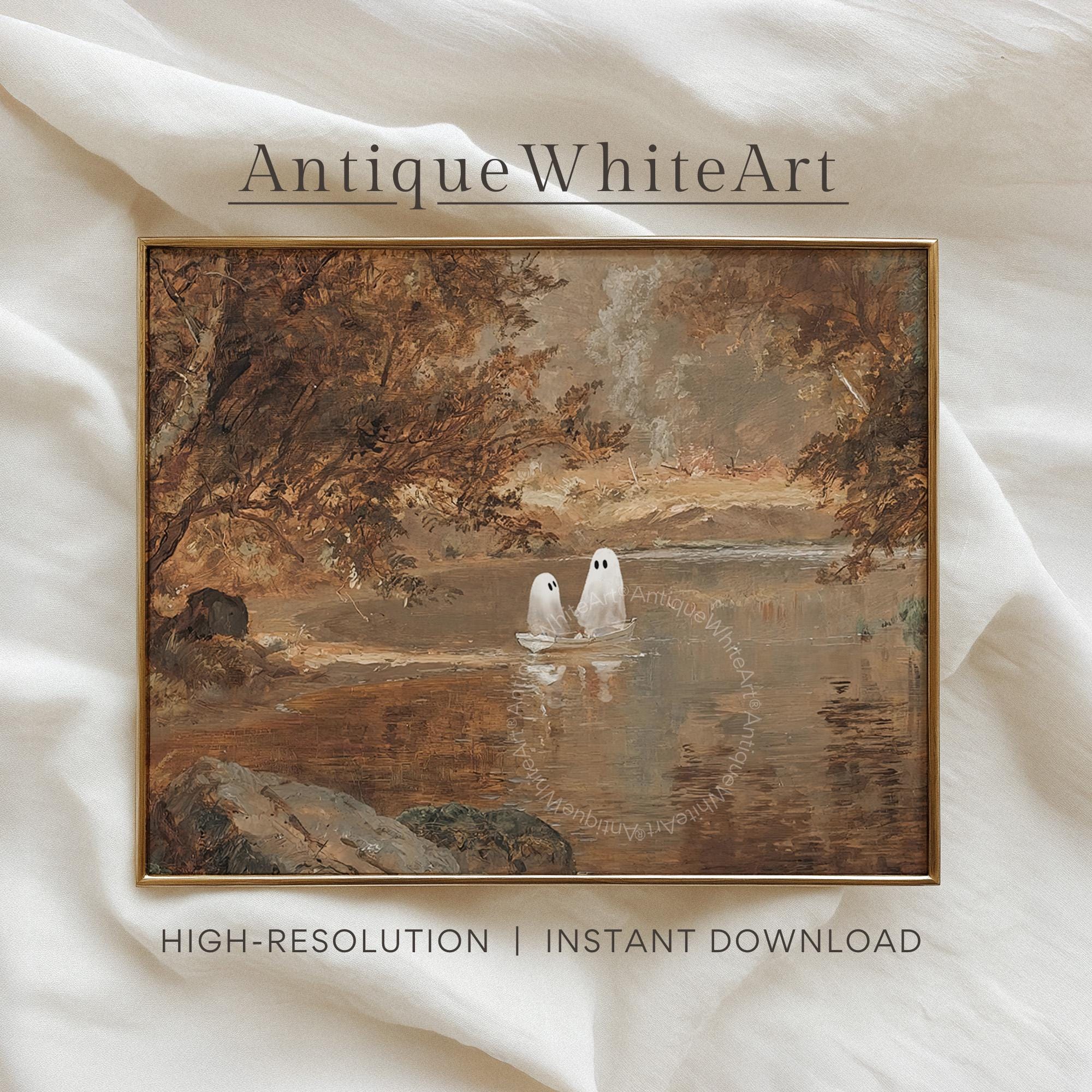 Cute Ghosts in a Boat Wall Art Halloween Print Autumn Painting Spooky Ghost Moody Fall Decor A496