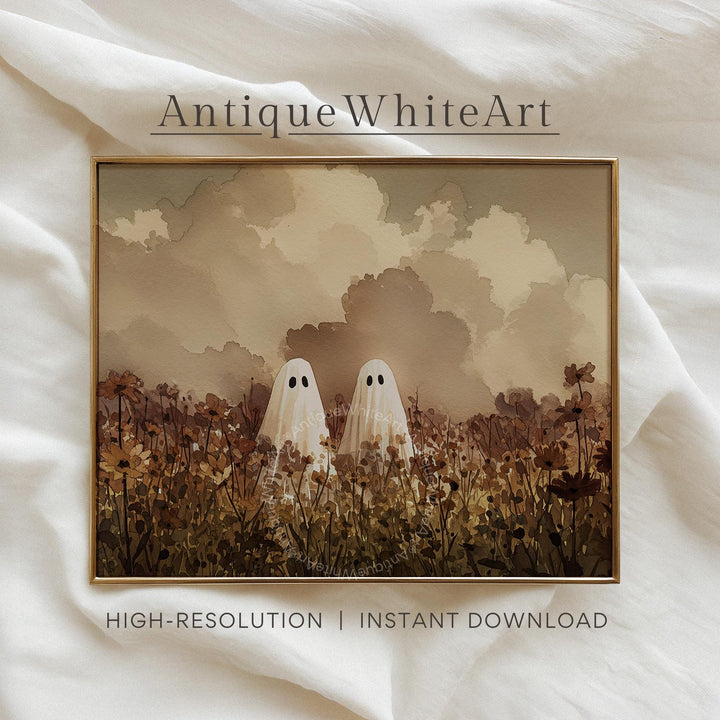 Ghosts in a Wildflower Meadow Vintage Style Halloween Wall Art Moody Burguny Fall Print Spooky Prints A516