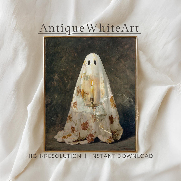 Cute Ghost Holding Candle Wall Art Halloween Print Cottagecore Nursery Spooky Moody Dark Academia Decor A522