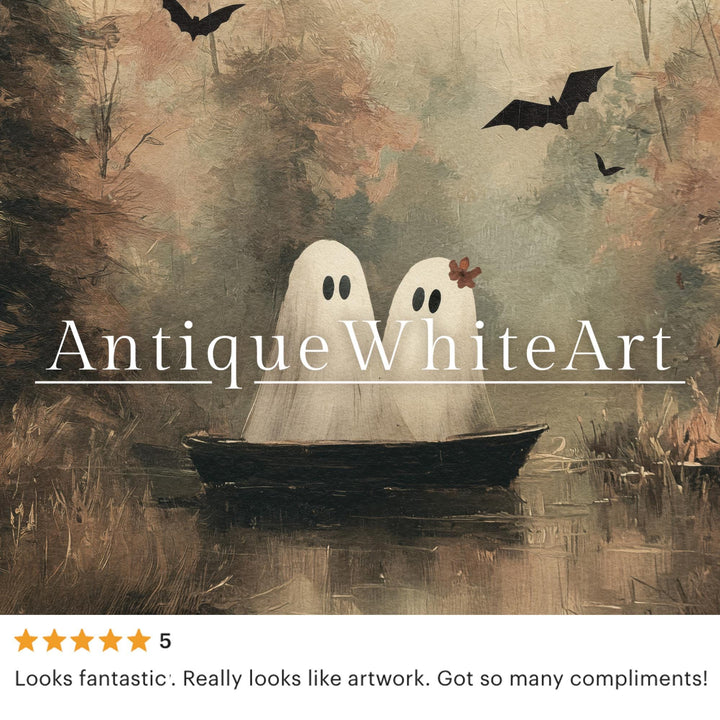 Vintage Style Halloween Print Cute Ghosts in a Boat Wall Art Moody Fall Landscape Spooky Ghost Cottagecore A519