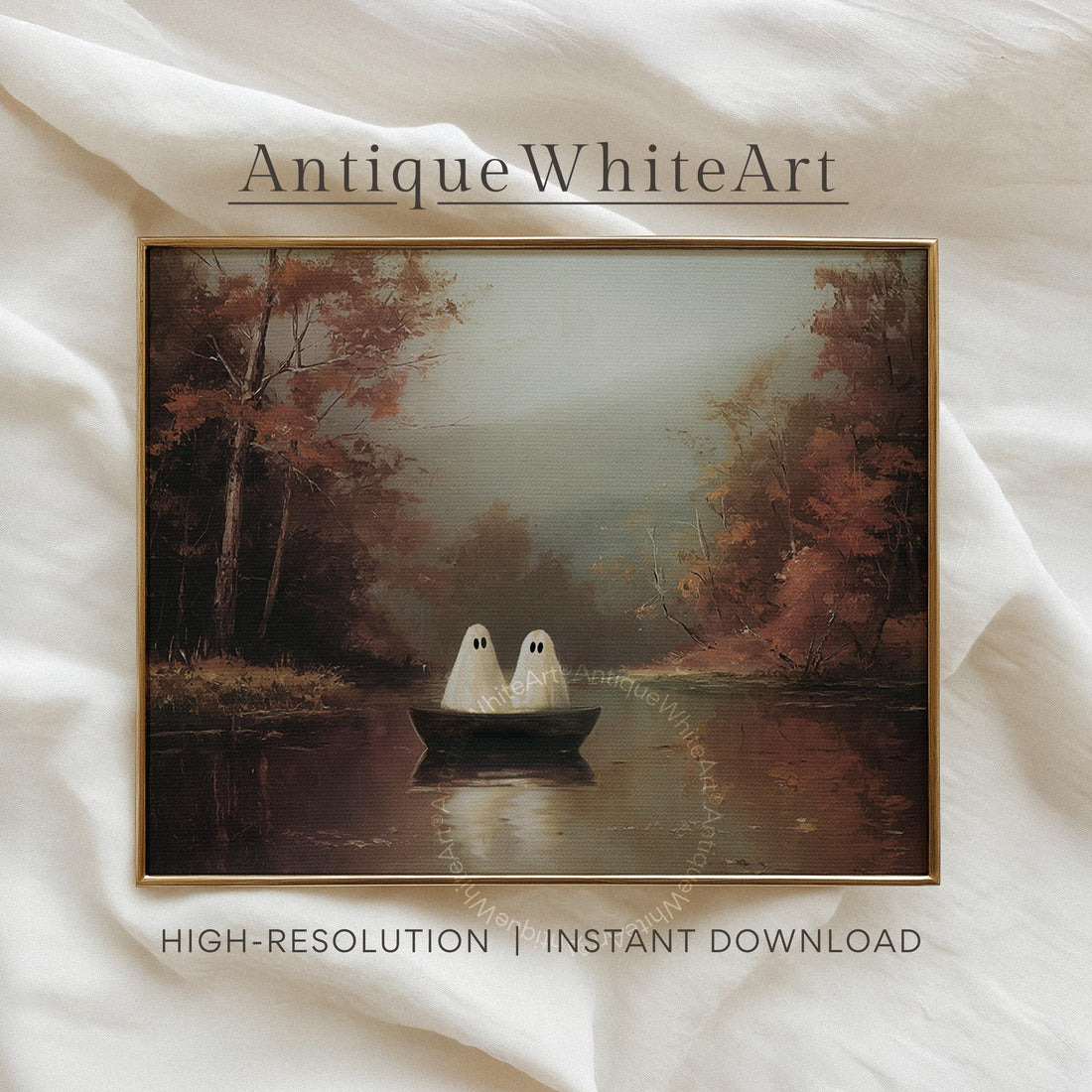 Vintage Style Halloween Print Cute Ghosts in a Boat Wall Art Burgundy Moody Fall Landscape Painting Spooky A517