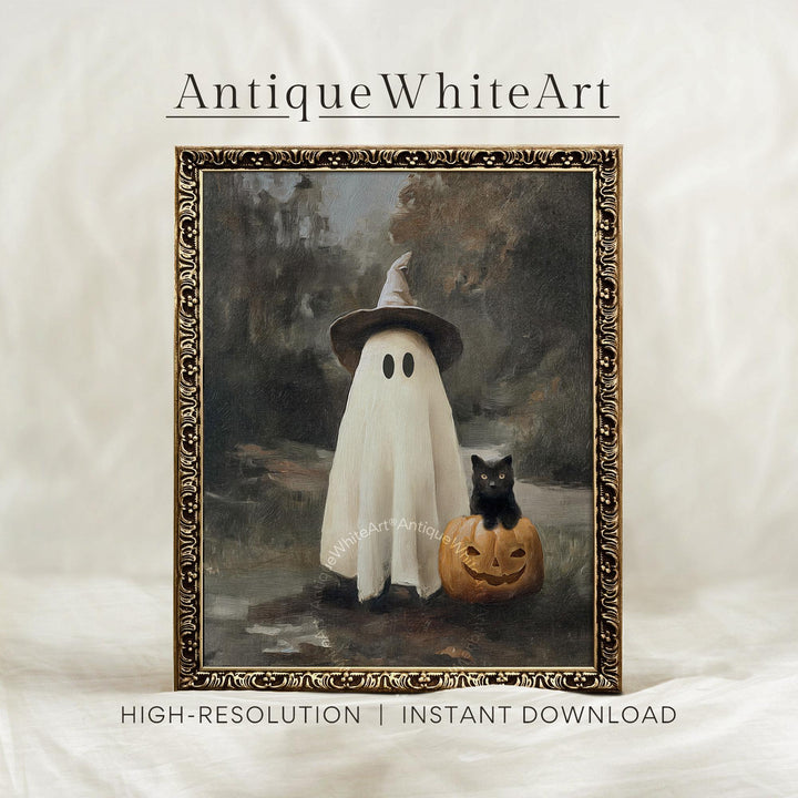 Spooky Halloween Wall Art Ghost in Vintage Style Landscape Print Rustic Decor Painting Fall Season A512