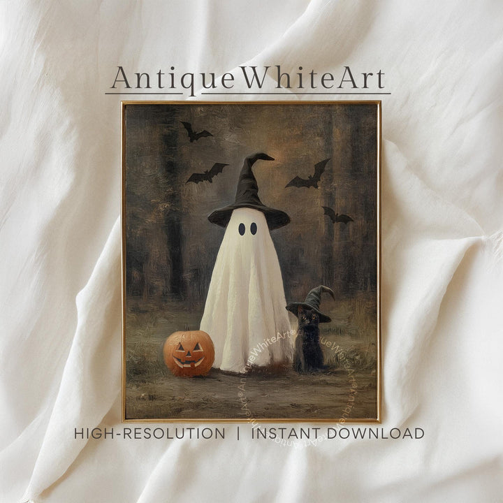 Vintage Style Halloween Print Cute Ghost and Black Cat in Dark Forest Wall Art Spooky Moody Fall Decor A513