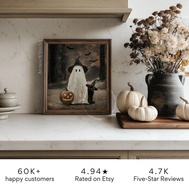 Spooky Halloween Wall Art Ghost in Vintage Style Landscape Print Rustic Decor Painting Fall Season A514
