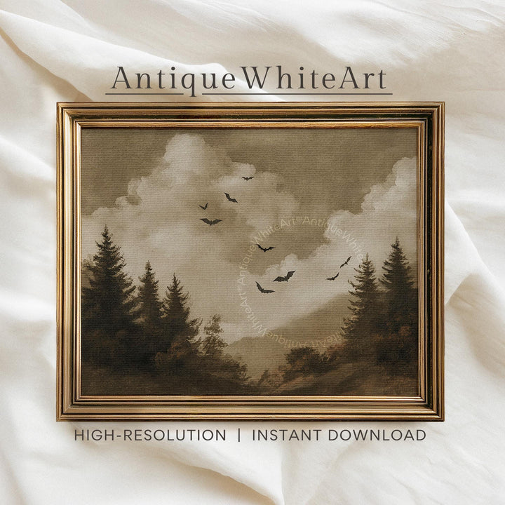 Vintage Style Fall Wall Art Neutral Halloween Bat Prints Clouds Spooky Decor A565 Print