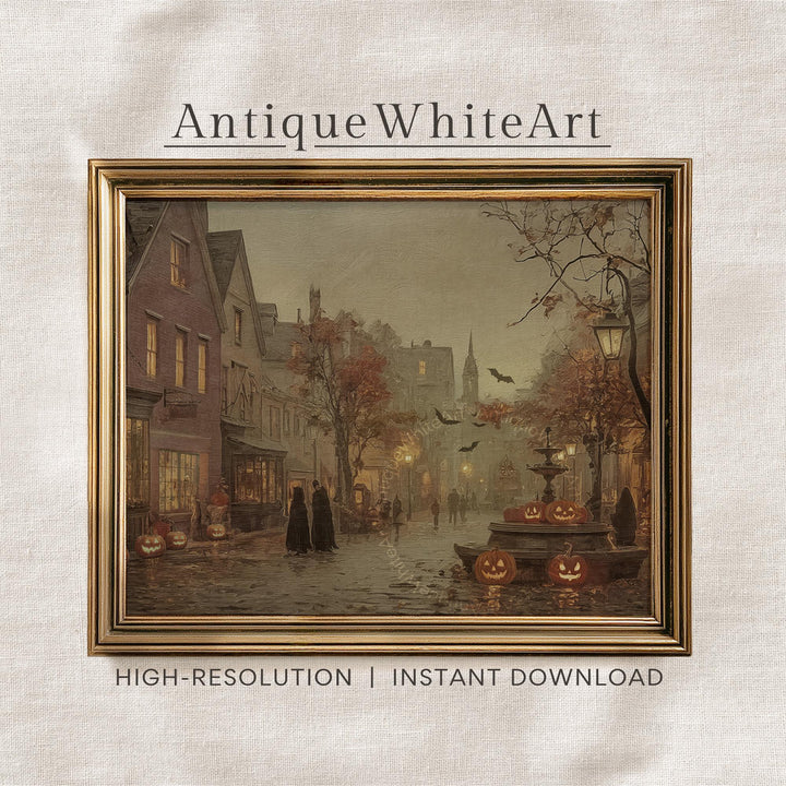 Vintage Style Fall Wall Art Warm-Toned Halloween Misty Town Eerie Landscape Spooky Decor A570 Print