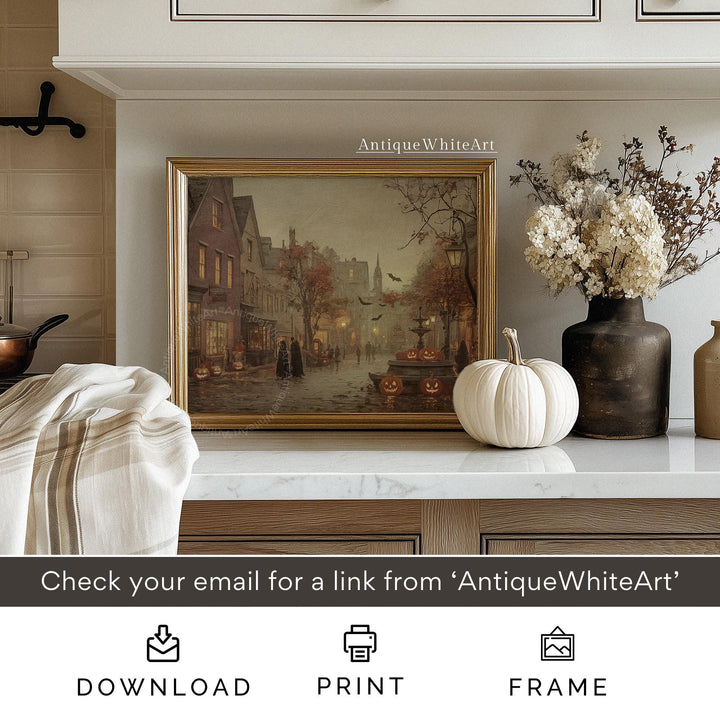 Vintage Style Fall Wall Art Warm-Toned Halloween Misty Town Eerie Landscape Spooky Decor A570 Print