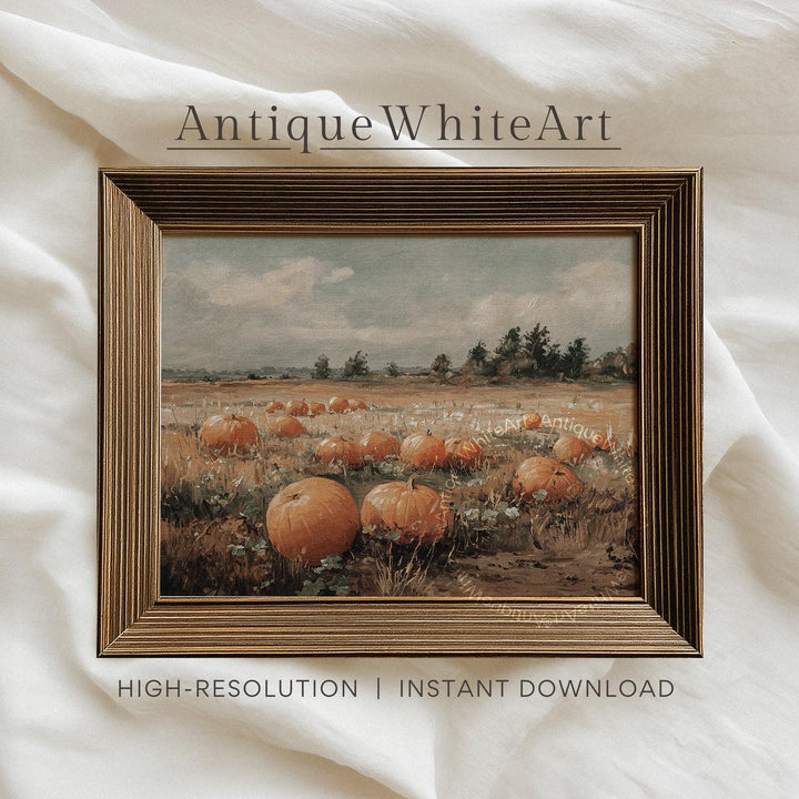 Pumpkin Field Wall Art Vintage Style Fall Oil Painting Autumn Country Landscape Decor Downloadable A535 Print