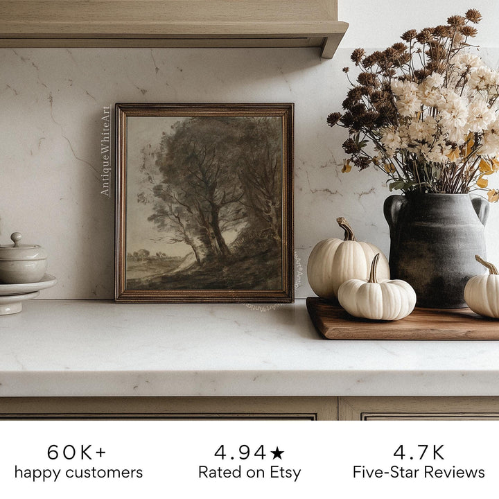 Dark Moody Fall Landscape Print Vintage Style Rustic Oil Painting Wall Art Farmhouse Autumn A533