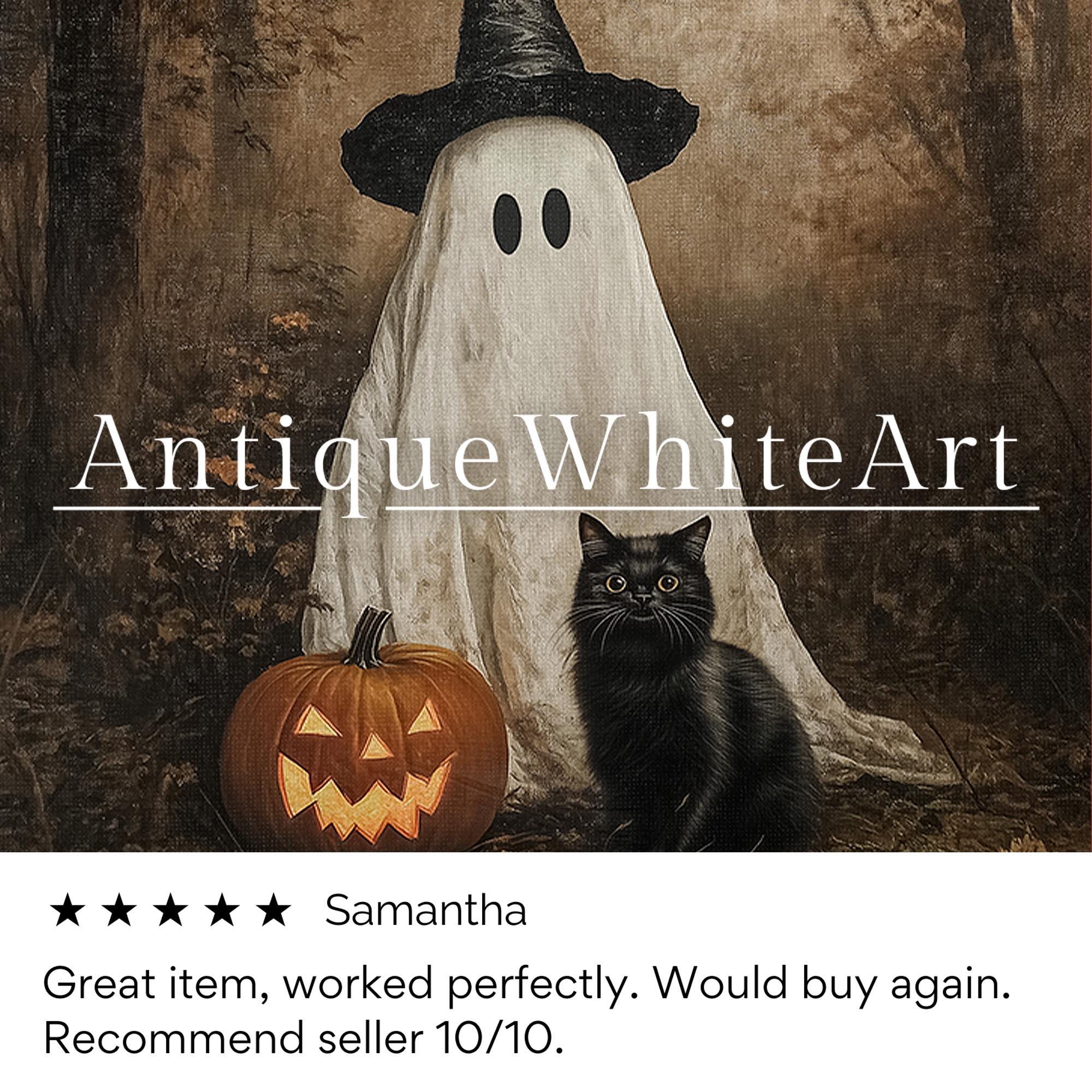 Vintage Style Halloween Print Cute Ghost & Black Cat in Dark Fall Forest Wall Art Spooky Witchy Moody A531