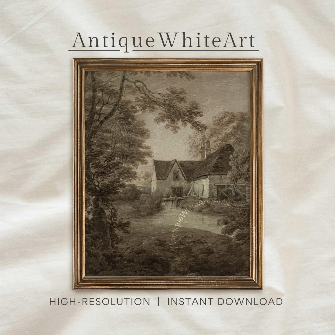 Vintage Style Drawing of a Cottage Dark Academia Landscape Botanical Prints Moody Country Scenery Neutral Wall Art A530 Print