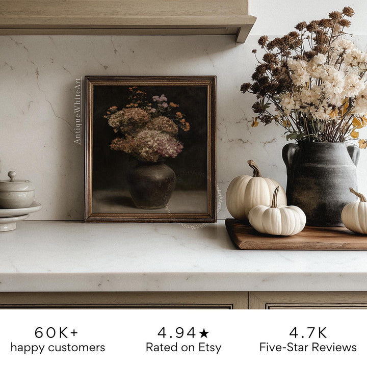 Vintage Style Fall Dried Flowers Print Moody Rustic Botanical Dark Floral Painting Gothic Wall Art Victorian Decor A573