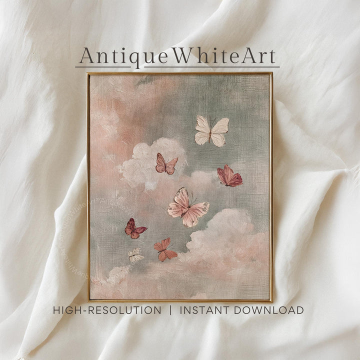 Butterfly Painting Pink Cottagecore Wall Art French Country Decor Shabby Chic Girls Room Print Romantic Nursery Artwork A578