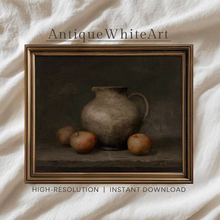 Moody Still Life Wall Art Rustic Kitchen Print Vintage Style Apple Oil Painting Fall Decor Autumn A579