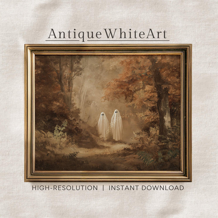 Vintage Style Fall Wall Art Warm-Toned Halloween Ghosts in Autumn Forest Landscape Spooky Decor A549 Print