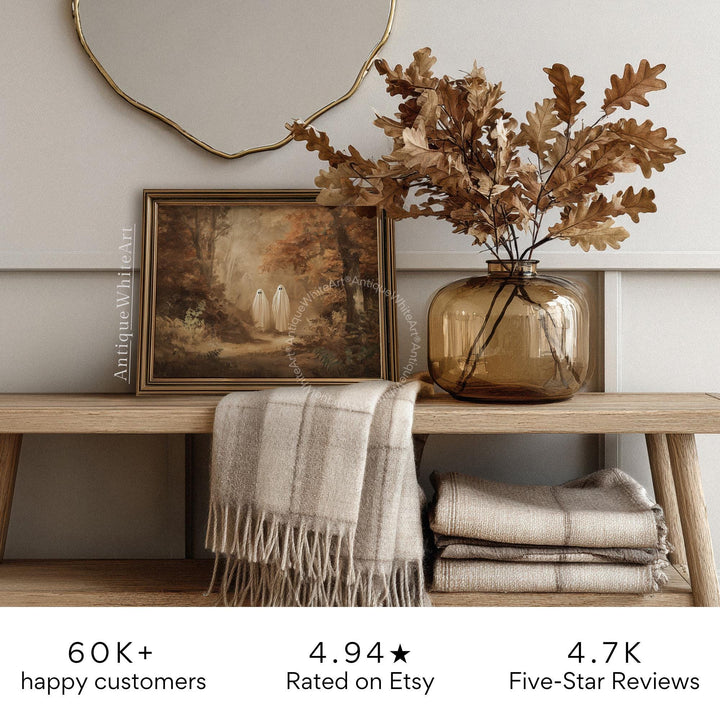 Vintage Style Fall Wall Art Warm-Toned Halloween Ghosts in Autumn Forest Landscape Spooky Decor A549 Print