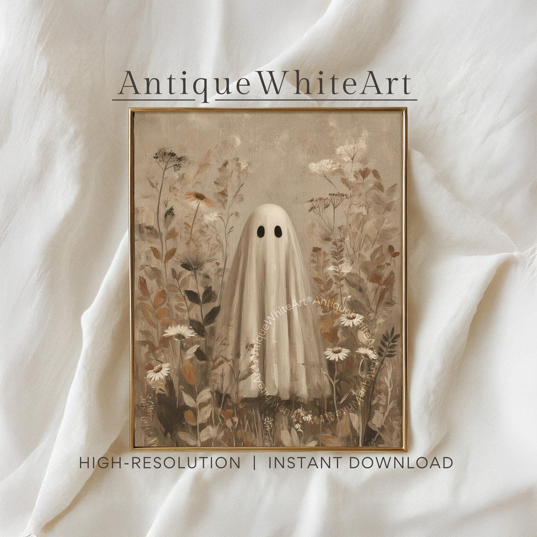 Ghost in a Wildflower Field Floral Halloween Wall Art Vintage Style Botanical Print Spooky Painting Fall Prints A539