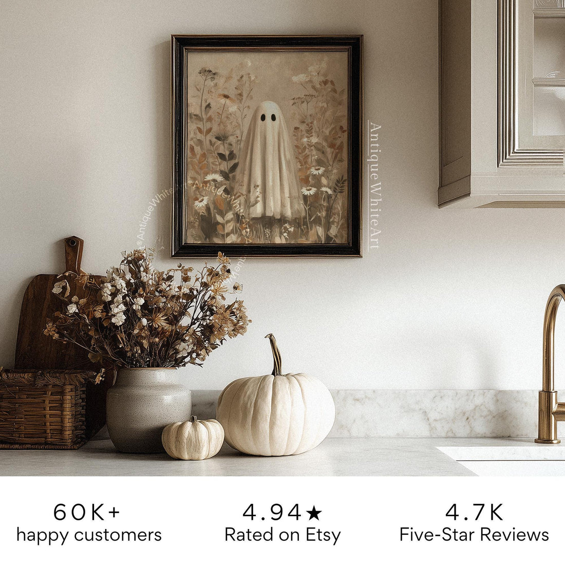 Ghost in a Wildflower Field Floral Halloween Wall Art Vintage Style Botanical Print Spooky Painting Fall Prints A539