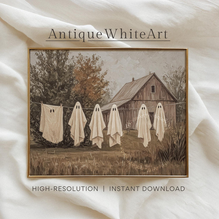 Cute Ghost Halloween Laundry Room Wall Art Vintage Style Farmhouse Decor Spooky Linen Line Print A547