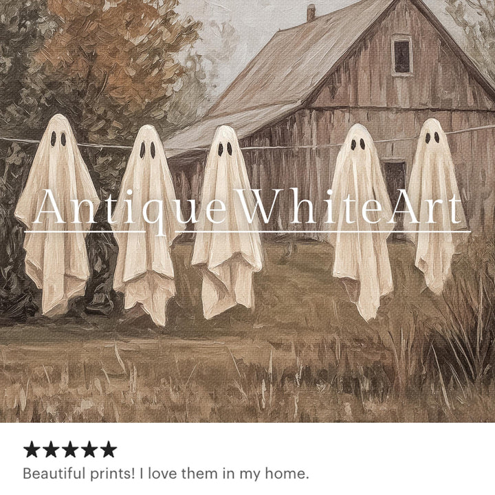 Cute Ghost Halloween Laundry Room Wall Art Vintage Style Farmhouse Decor Spooky Linen Line Print A547