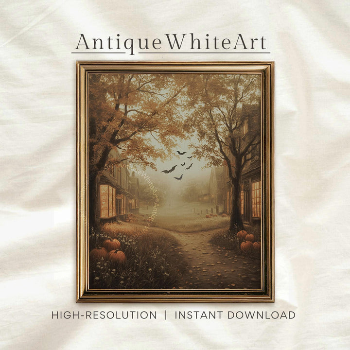 Fall Print Muted Halloween Landscape Painting Farmhouse Decor Vintage Style Prints Autumn A548 Wall Art