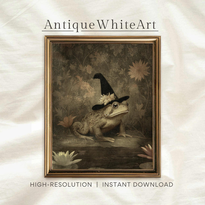 Vintage Style Witch Toad Art Print Whimsical Halloween Decor Dark Botanical Frog Wall Witchy A542