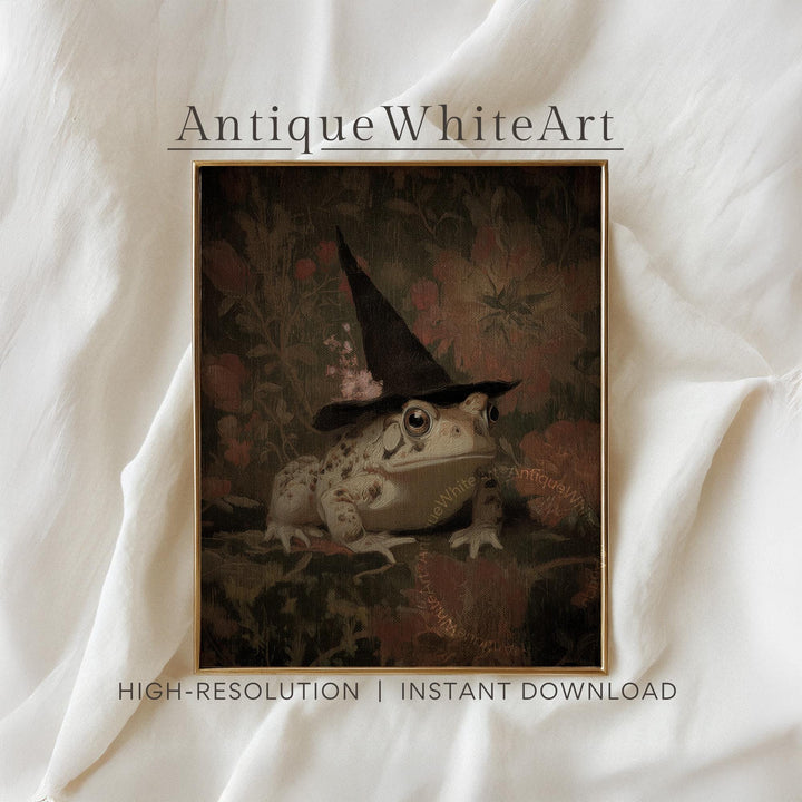 Vintage Style Witch Toad Art Print Whimsical Halloween Decor Dark Botanical Frog Wall Witchy A543