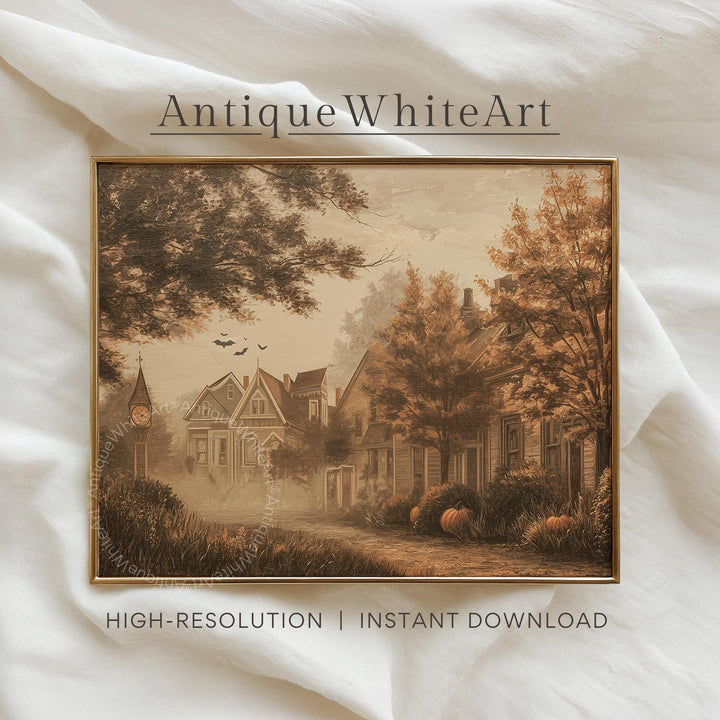 Vintage Style Fall Wall Art Warm-Toned Halloween Misty Town Eerie Landscape Spooky Decor A554 Print