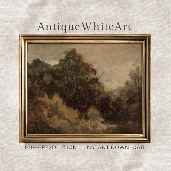 Dark Moody Fall Landscape Print Vintage Style Rustic Oil Painting Wall Art Farmhouse Autumn A555