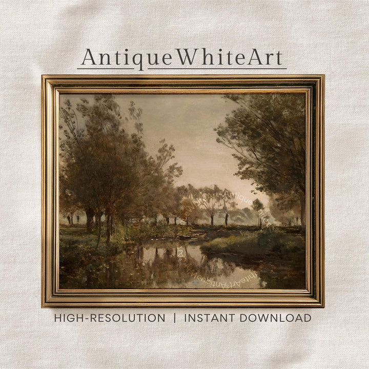 Moody Landscape Print Antique Art Tree & River Scenery Wall Rustic Nature Painting Vintage Style Home Decor A556