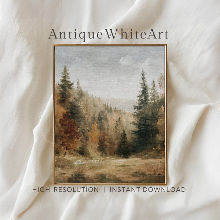 Vintage Style Autumn Forest Landscape Art Rustic Fall Wall Decor Antique Nature Painting Cozy Cabin A560 Print