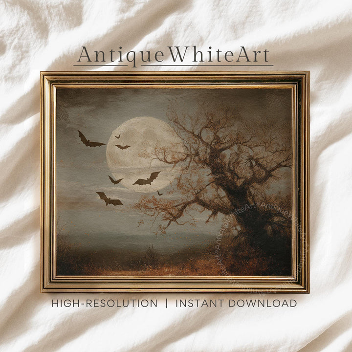 Halloween Wall Art Bats & Full Moon Painting Haunted Prints Vintage Style Autumn Moody Rustic Decor A582 Print
