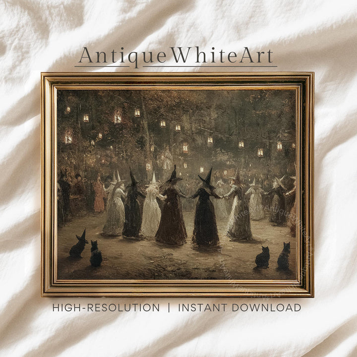 Halloween Wall Art Witches At Moonlit Vintage Style Autumn Painting Moody Rustic Decor Witchy Gothic Print A589