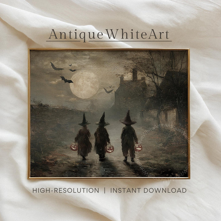 Halloween Wall Art Little Witches Under Full Moon Vintage Style Fall Painting Rustic Farmhouse Decor Moody Print A588