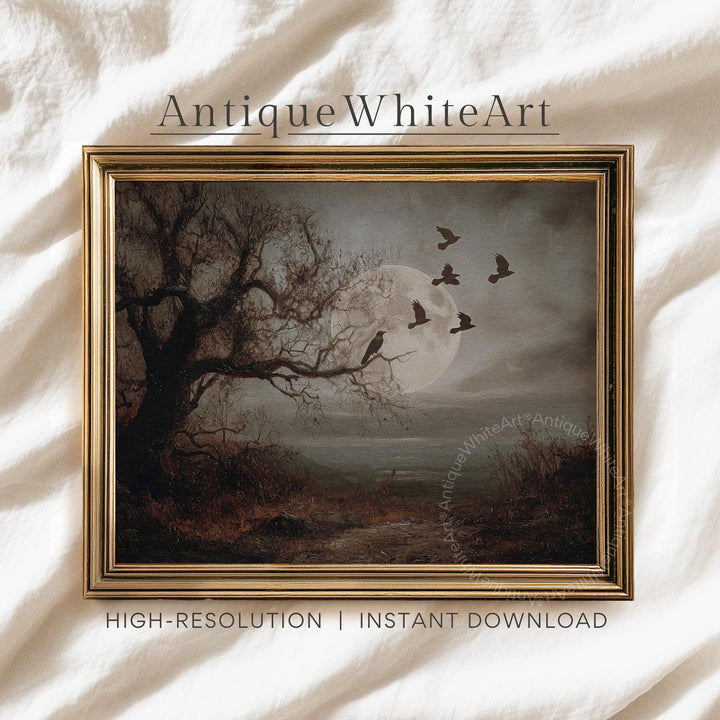 Moody Halloween Wall Art Crows By Full Moon Vintage Style Dark Fall Print Rustic Autumn Painting A593