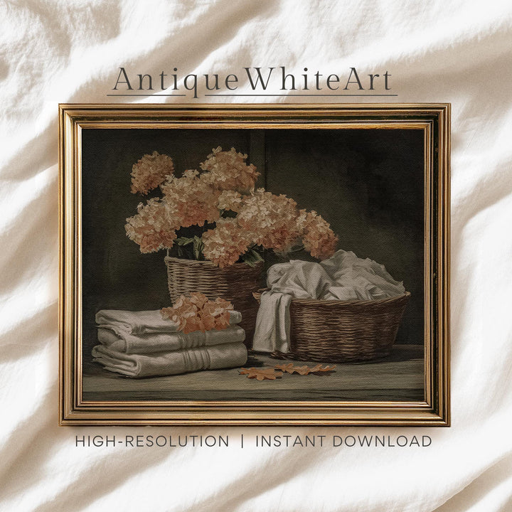Laundry Room Wall Art Seasonal Bathroom Decor Autumn Floral Still Life Hydrangeas Vintage Style Painting Rustic Farmhouse A602 Print