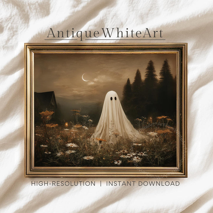Halloween Wall Art Ghost In Wildflower Meadow Vintage Style Autumn Landscape Rustic Warm-Toned Oil Painting A596 Print