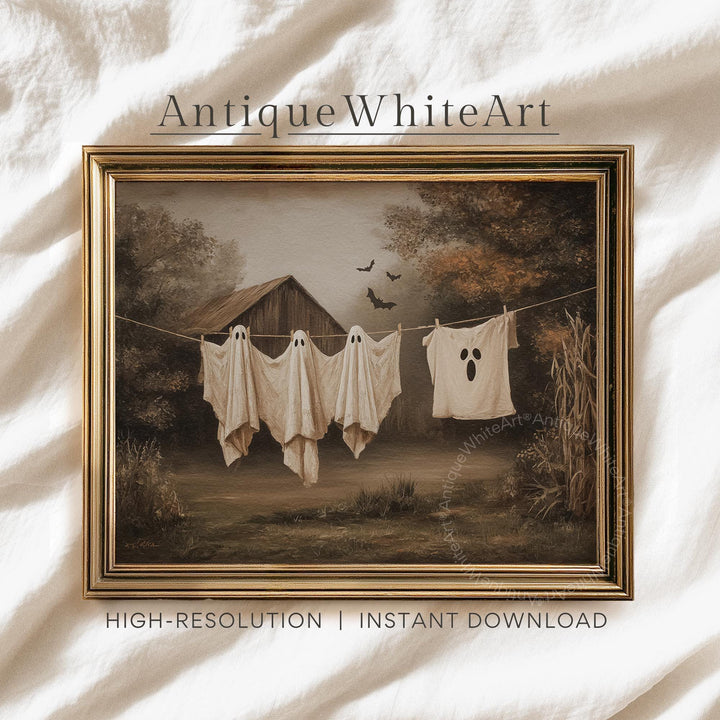 Halloween Wall Art Ghosts On Clothesline Laundry Room Decor Vintage Style Autumn Painting Farmhouse A598 Print