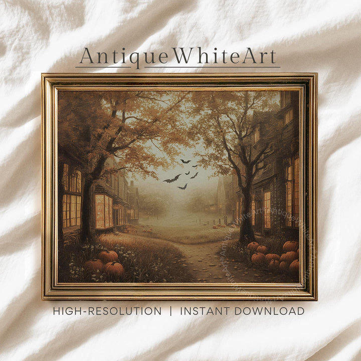 Vintage Style Fall Wall Art Warm-Toned Halloween Misty Town Eerie Landscape Spooky Decor Poster A601 Print