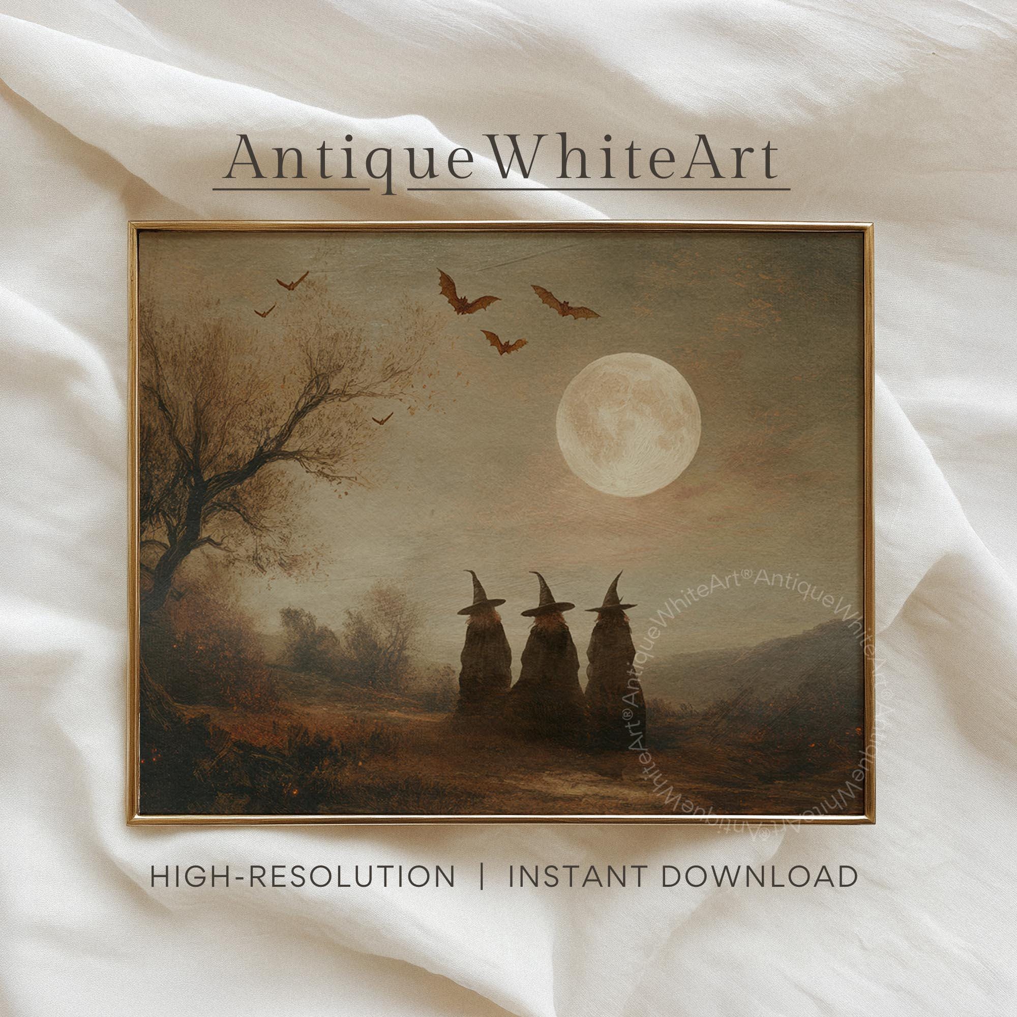 Vintage Style Witches Halloween Print: Bats Full Moon Fall Scene ( ) Print Wall Art