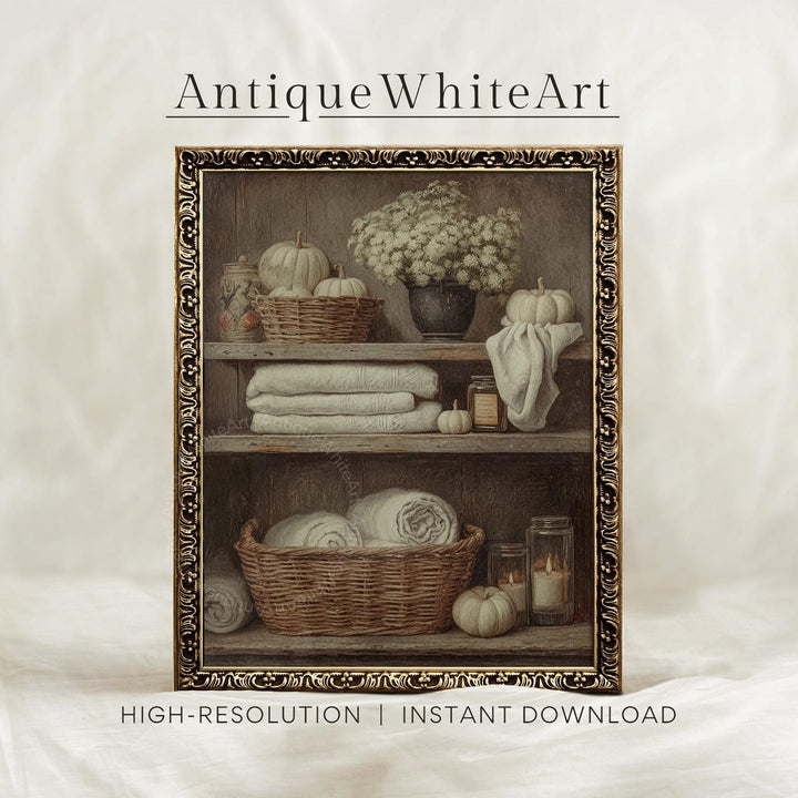 Autumn Bathroom Shelf Still Life Laundry Fall Decor Towels And Candles Vintage Style Farmhouse Wall Art A594 Print